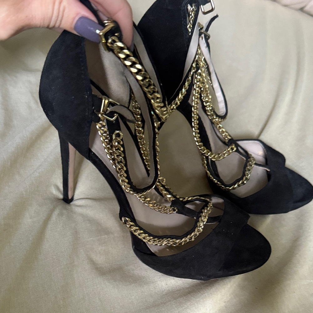 Zara Black Heels with Gold Chain Detail